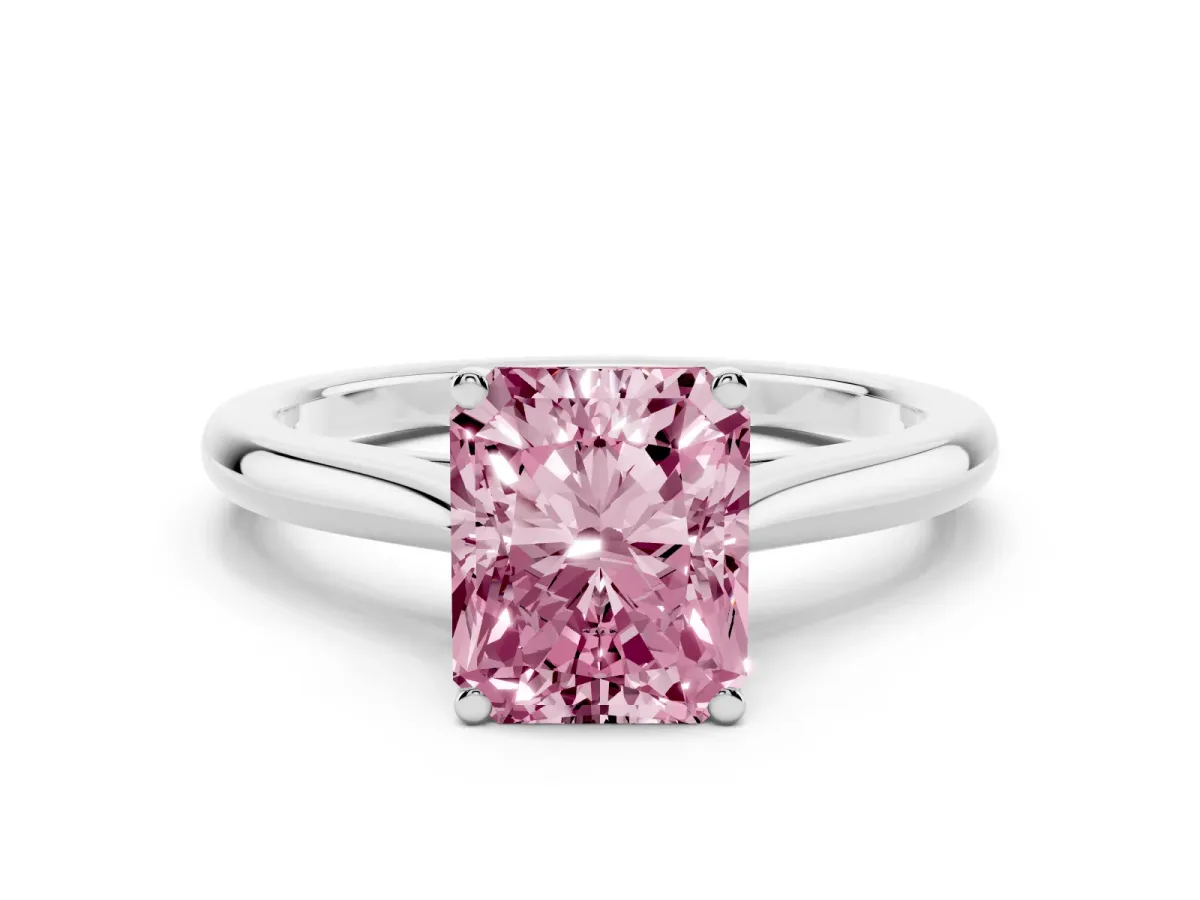 Fancy Pink Radiant Cut Cut Solitaire Ring with Cathedral Band and Four-Prong Setting White gold