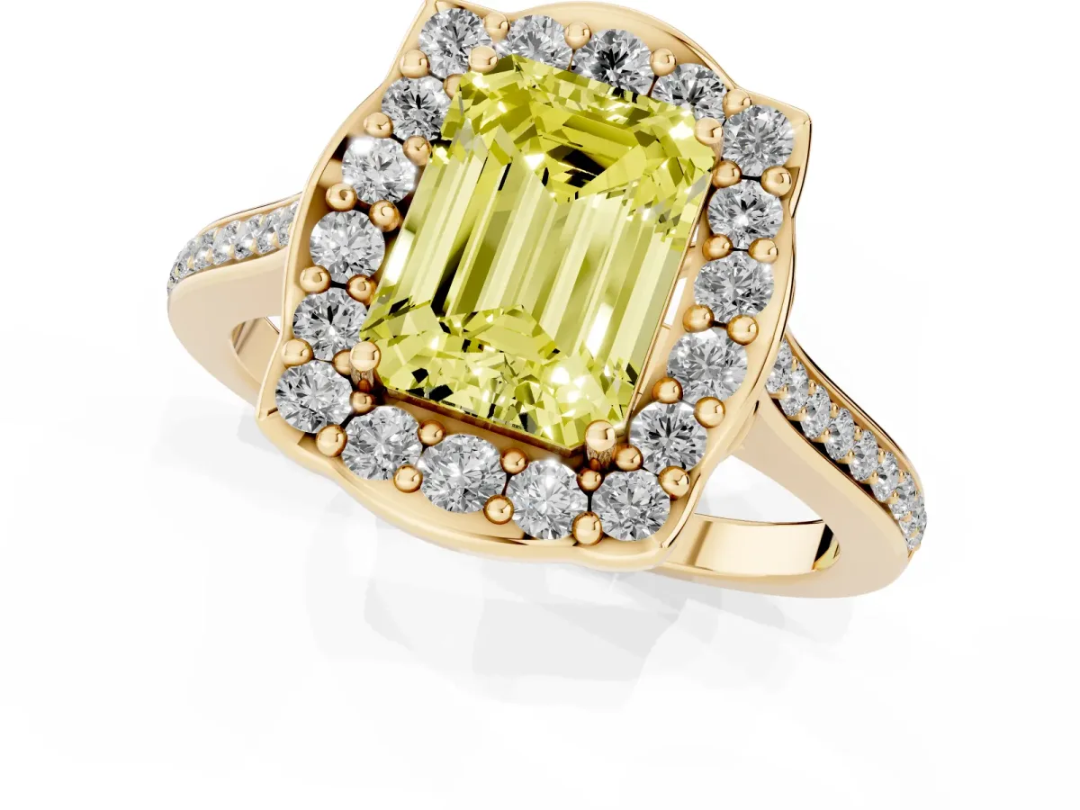 Fancy Yellow Emerald Cut Halo Round Diamond Pave Band with Four-Prong Setting Yellow gold