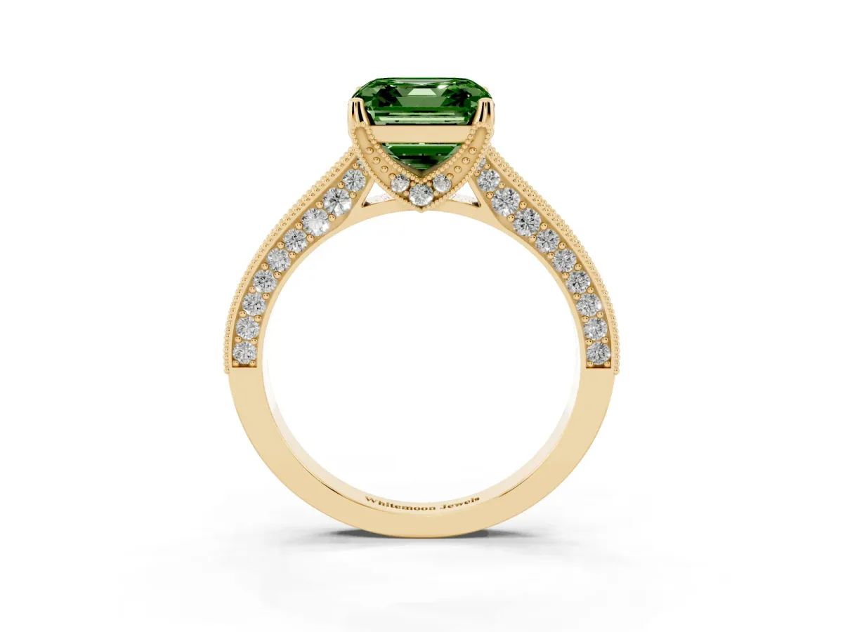 Fancy Green Asscher Cut Cut Diamond Solitaire Ring with Milgrain Pave Band and Four Prong Setting Yellow gold