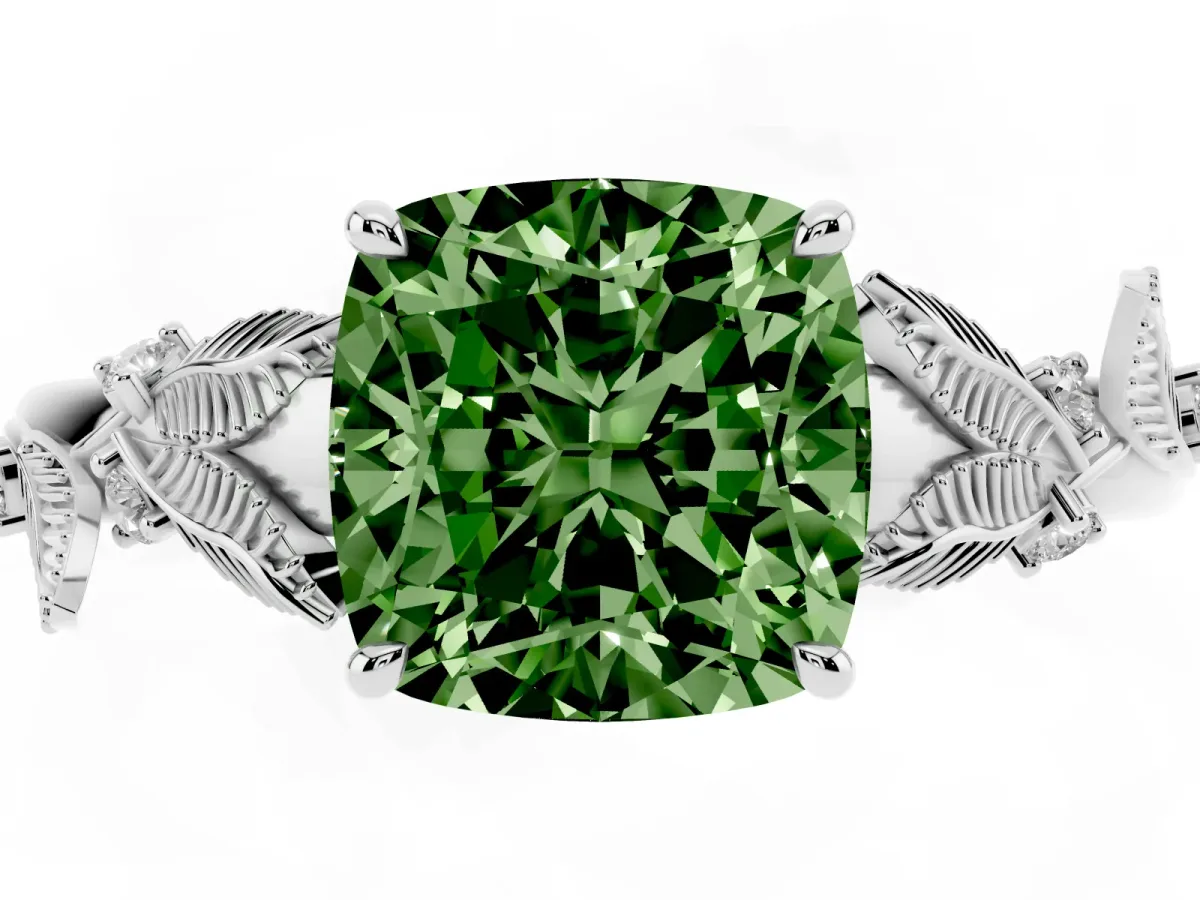 Fancy Green Cushion Cut Diamond Solitaire Ring with Leaf Motif Band and Four-Prong Setting Silver