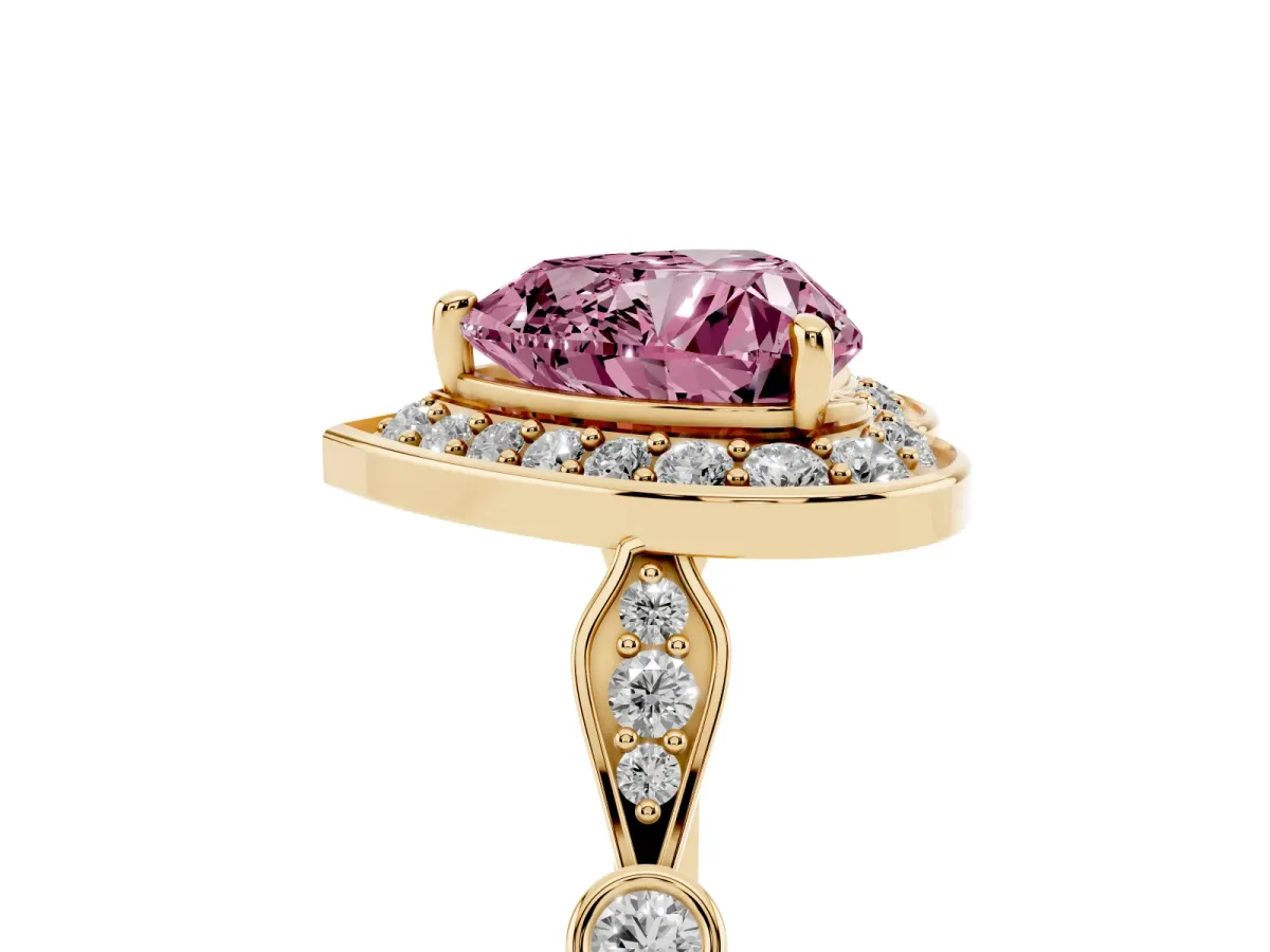 Fancy Pink Heart Cut Halo Diamond Engagement Ring with Twisted Band and Four-Prong Setting Yellow gold