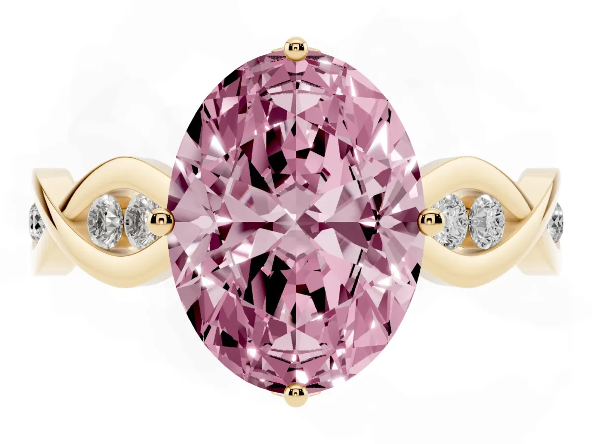 Fancy Pink Oval Cut Solitaire Twist Band with Leaf Prong Setting Yellow gold