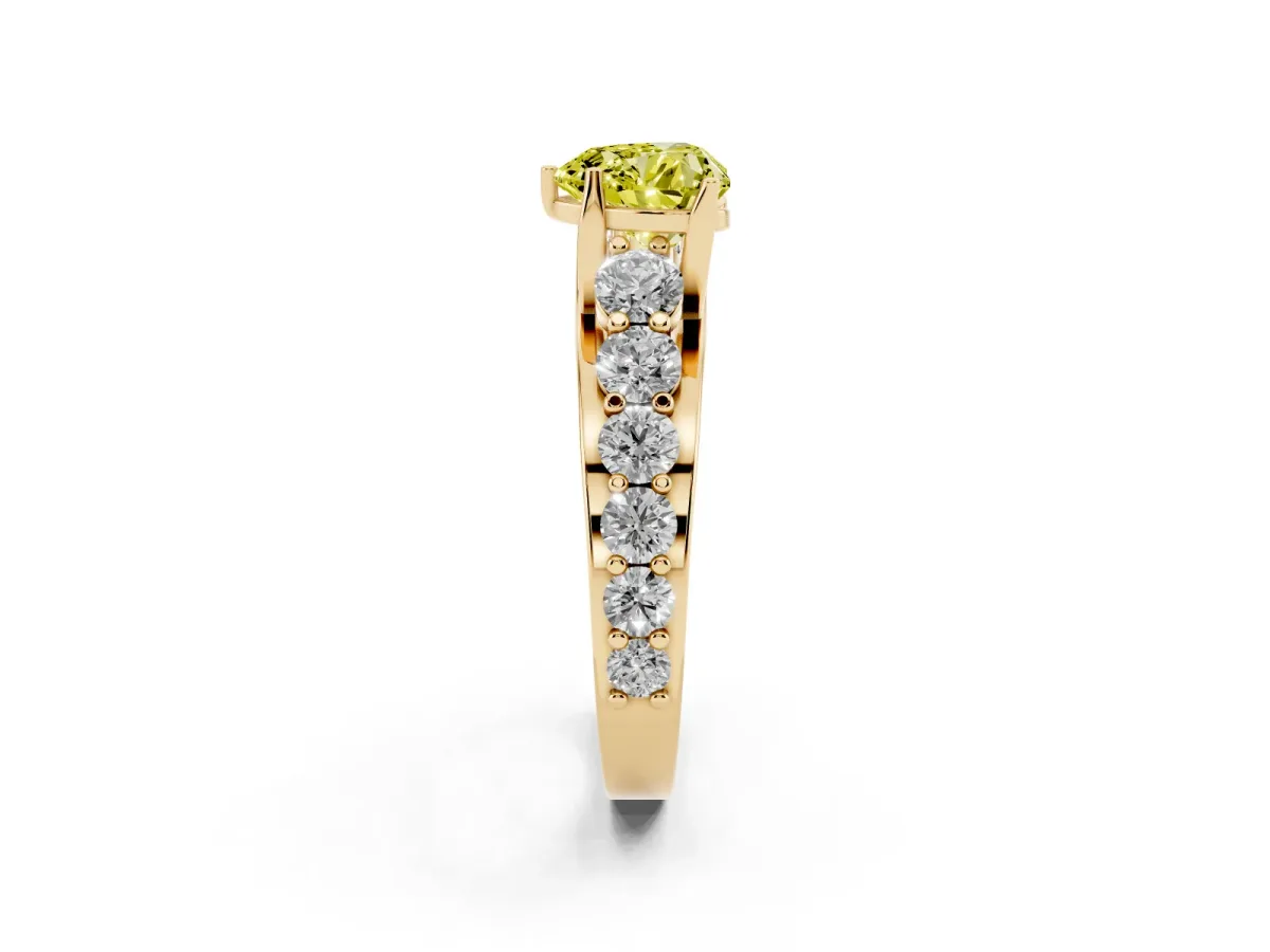 Fancy Yellow Heart Cut Diamond Engagement Ring with Pavé Band and Four-Prong Setting Yellow gold