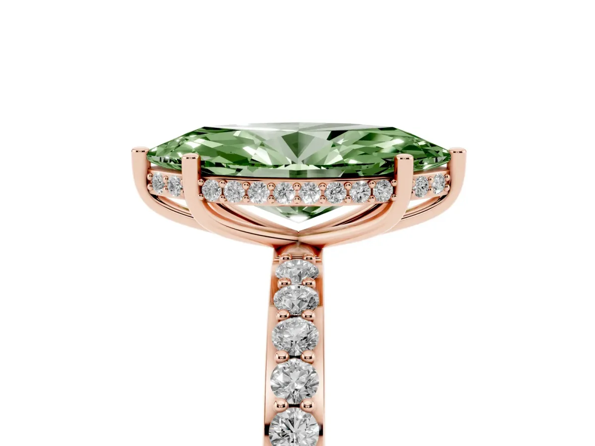 Fancy Green Marquise Cut Diamond Solitaire Ring with Pavé Band and Hidden Halo Rose gold
