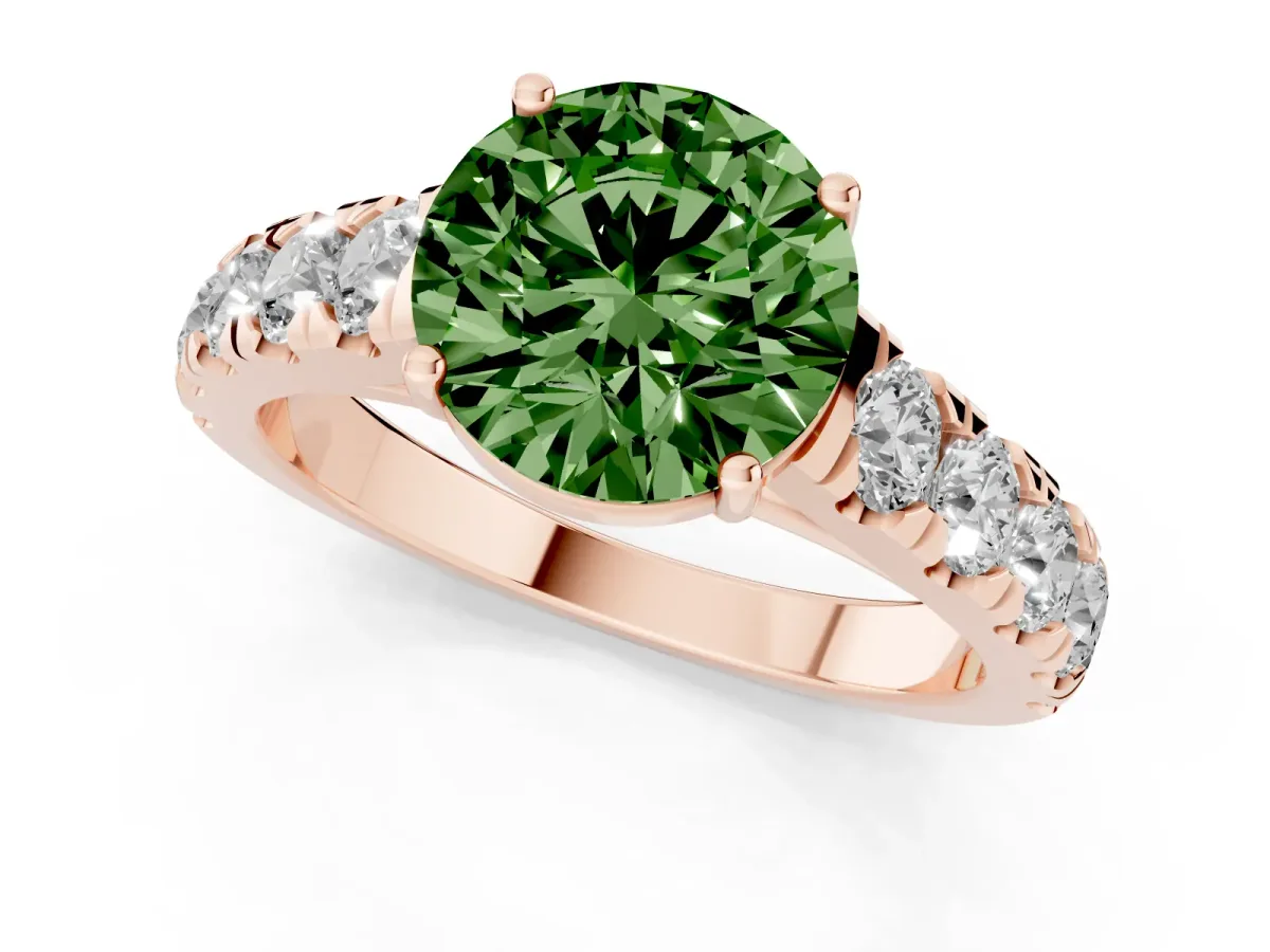 Fancy Green Round Cut Cut Diamond Solitaire Ring with Micro Pave Band and Prong Setting Rose gold