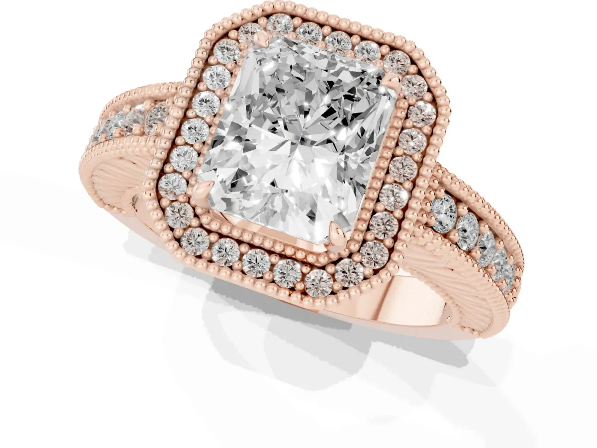 Radiant Cut Cut Halo Diamond Ring with Pavé Band and Four-Prong Setting Rose gold