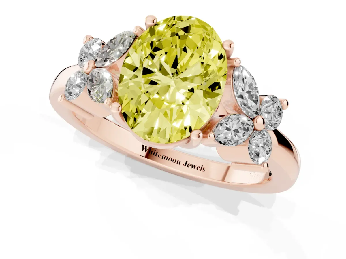 Fancy Yellow Oval Cut Diamond Floral Cluster Ring with Solitaire Band and Prong Setting Rose gold