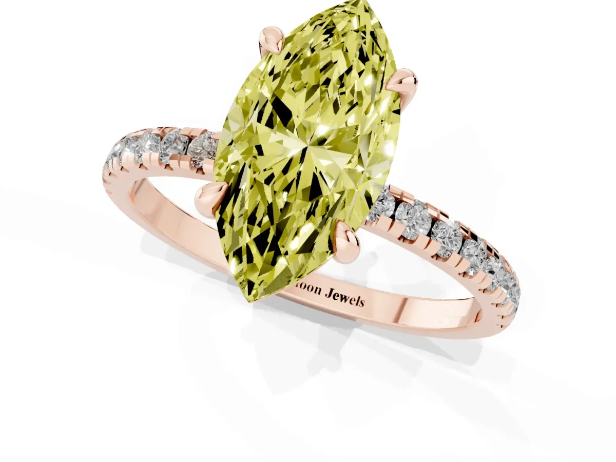 Fancy Yellow Marquise Cut Diamond Brilliant Solitaire Ring with Pavé Band and Four-Prong Setting Rose gold