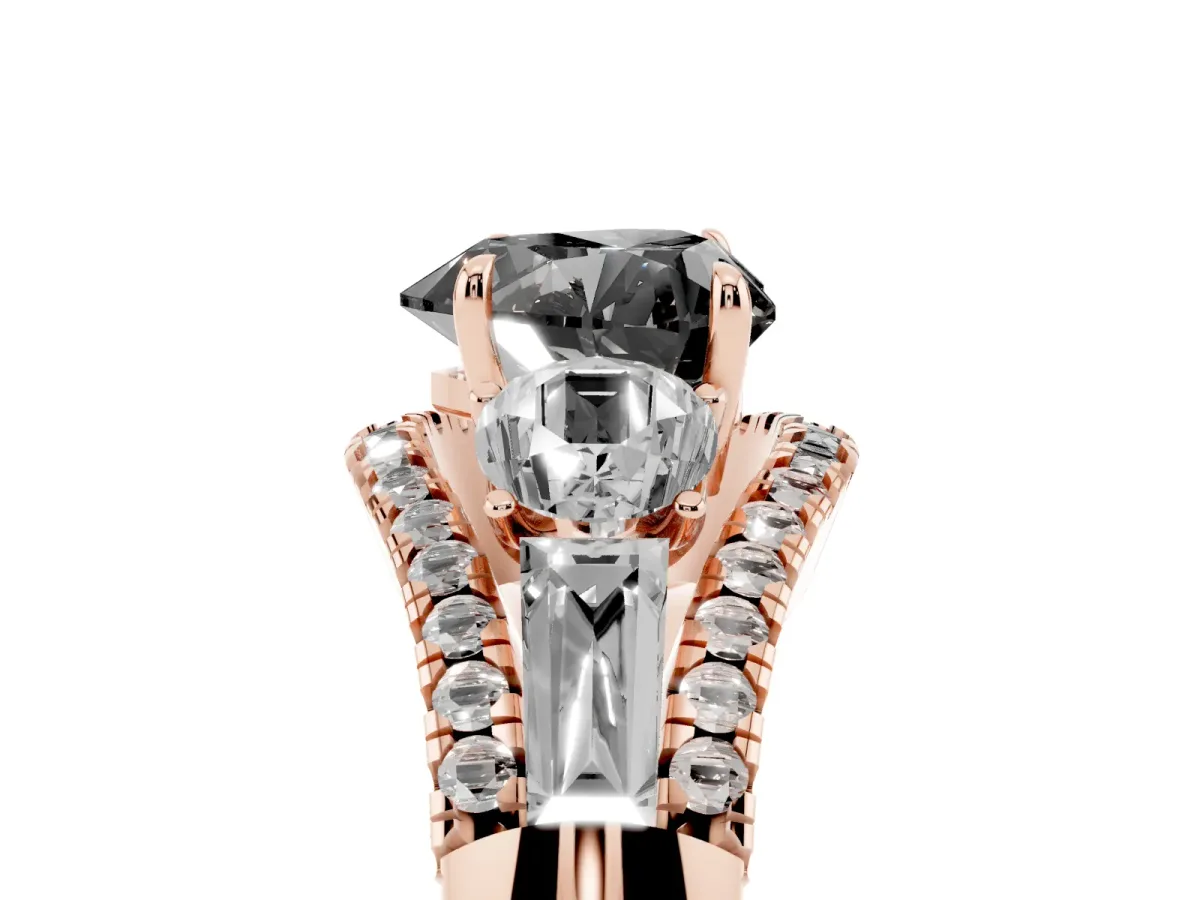 Fancy Black Three-Stone Heart Cut Diamond Engagement Ring with Pave Band and Prong Setting Rose gold