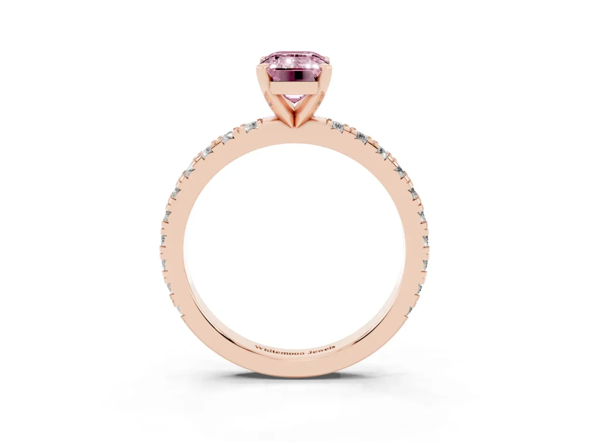 Fancy Pink Emerald Cut Diamond Pavé Band Solitaire with Four-Prong Setting Rose gold