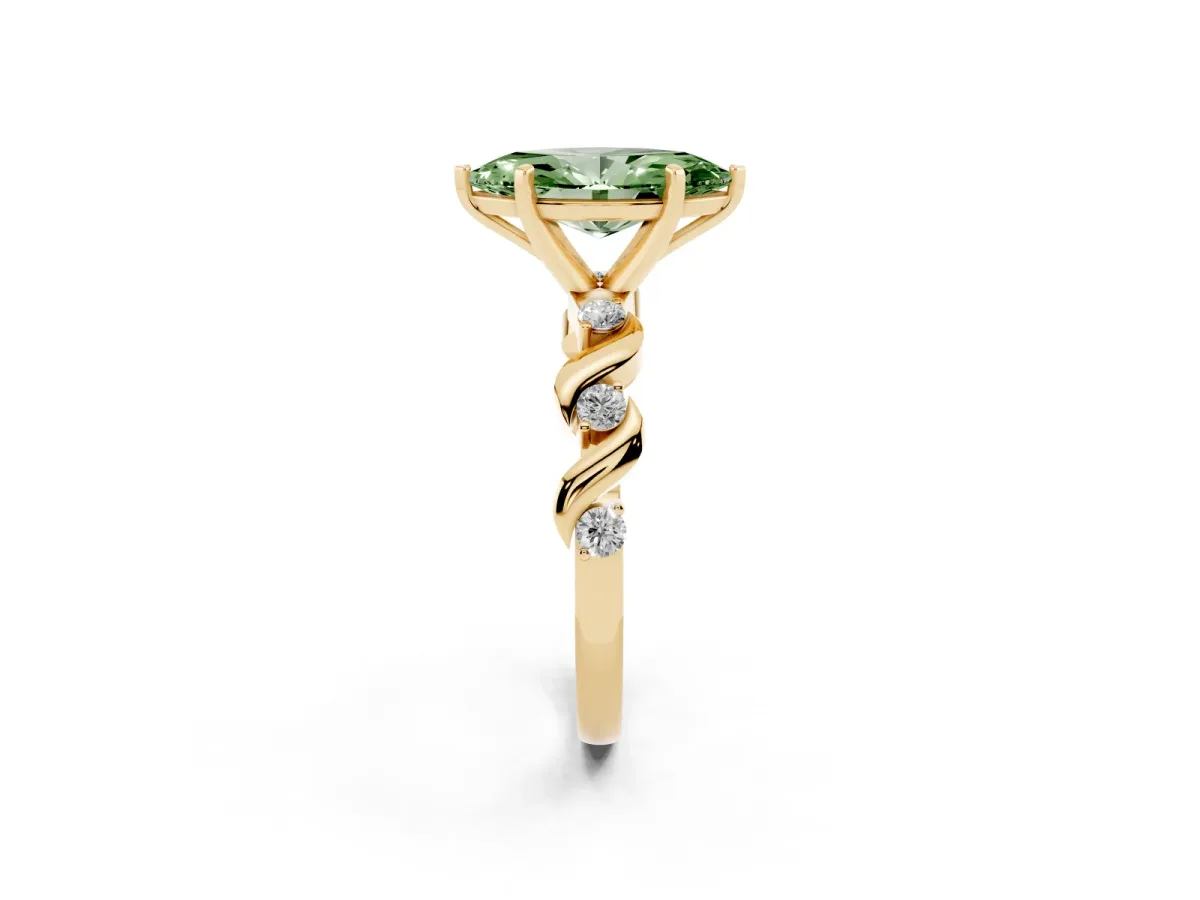 Fancy Green Marquise Cut Diamond Solitaire Twisted Band with Round Accents and Prong Setting Yellow gold