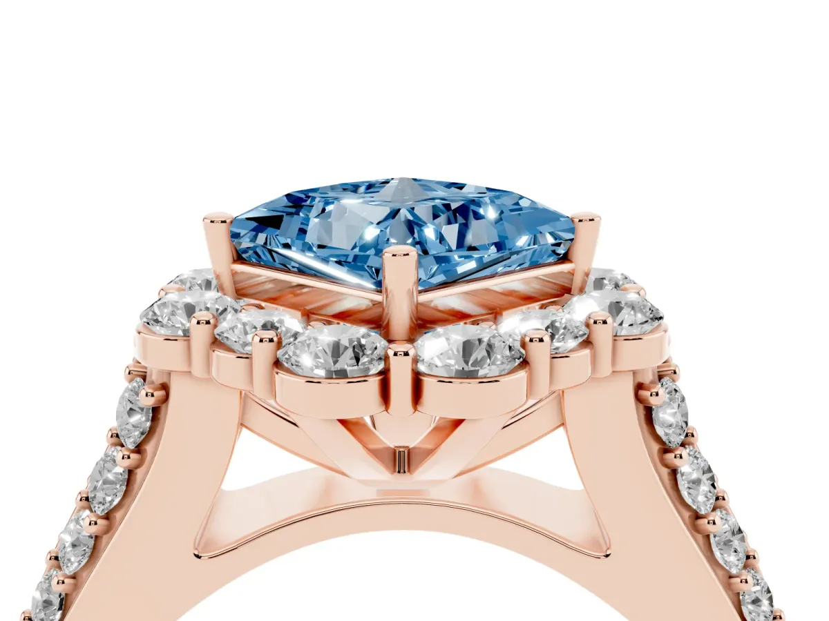 Fancy Blue Princess Cut Halo Diamond Engagement Ring with Split Shank and Prong Setting Rose gold