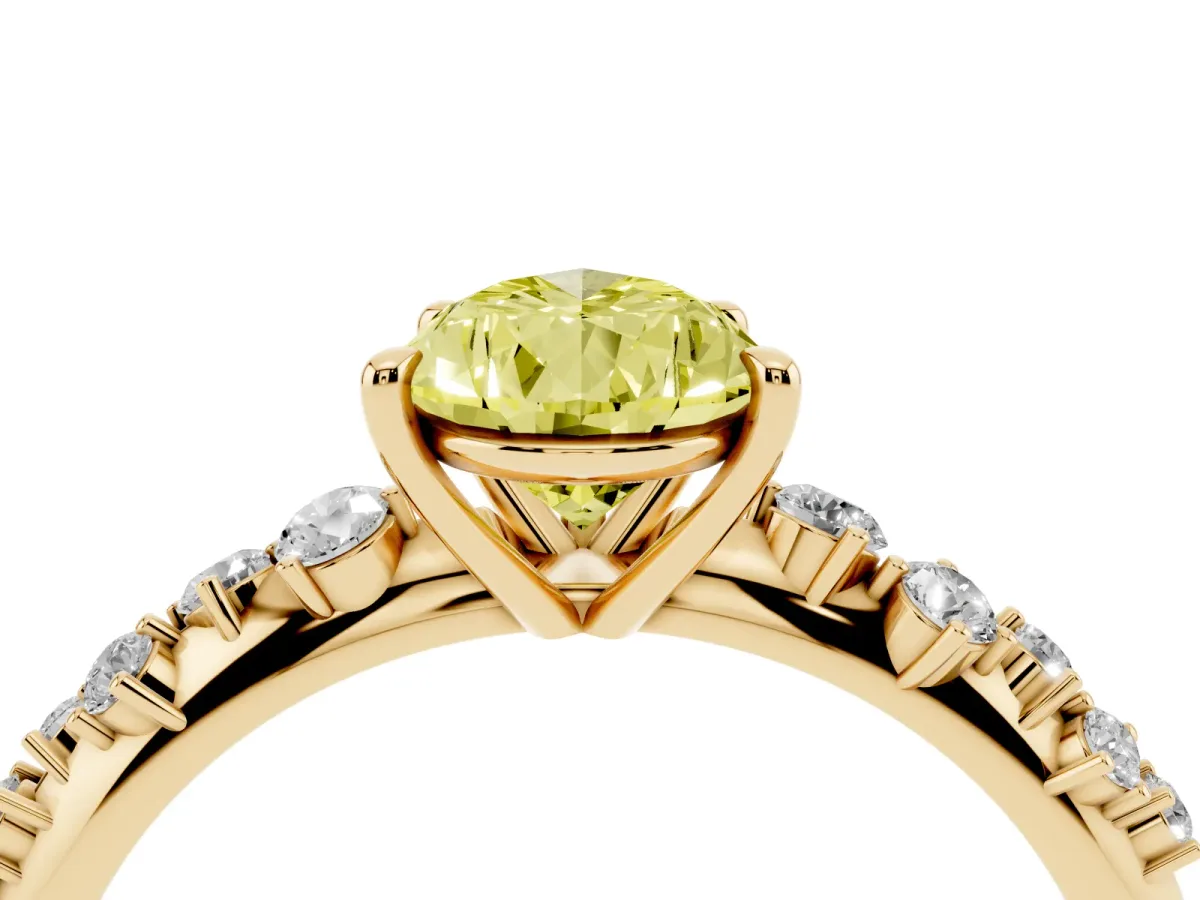Fancy Yellow Pear Cut Diamond Cluster Side Stone Solitaire Ring with Prong Setting Yellow gold
