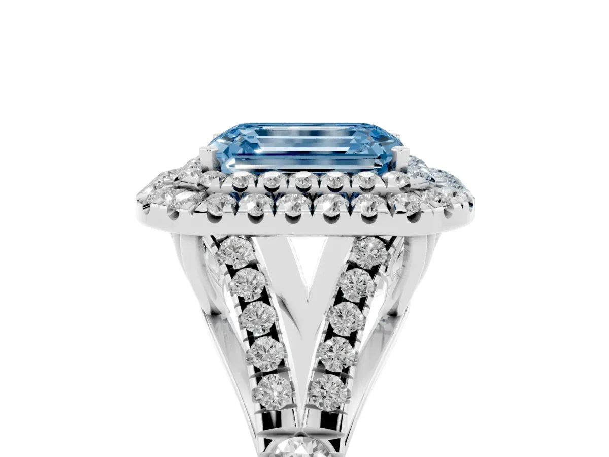 Fancy Blue Emerald Cut Diamond Pavé Split Shank Double Halo Engagement Ring Platinum