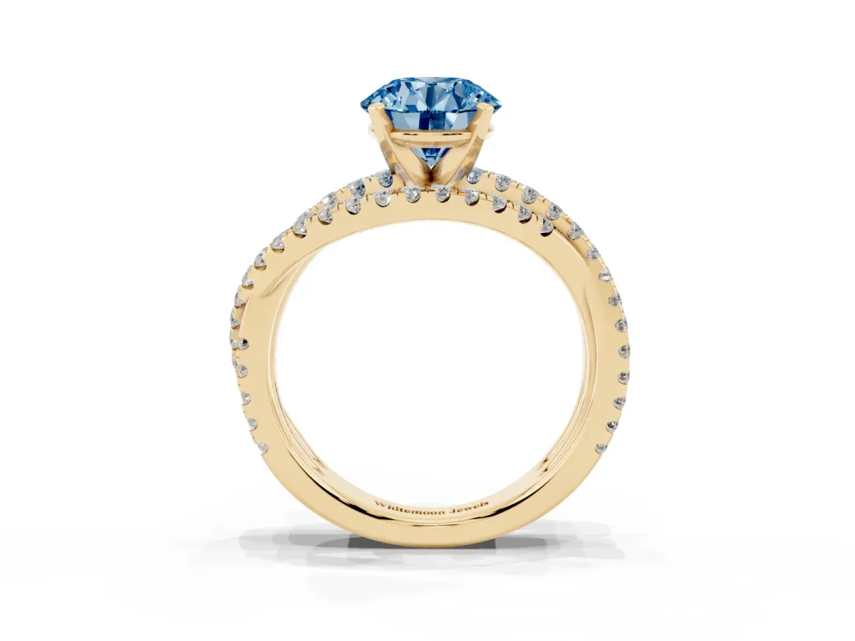 Fancy Blue Round Cut Solitaire Twist Band with Pavé Setting and Four-Prong Setting Yellow gold