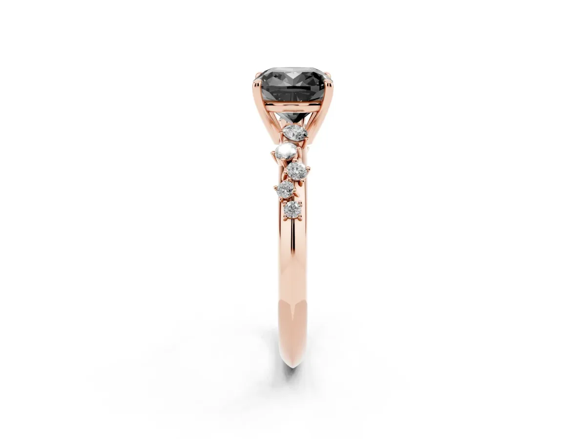 Fancy Black Cushion Cut Diamond Cluster Side Stone Solitaire Ring with Prong Setting Rose gold