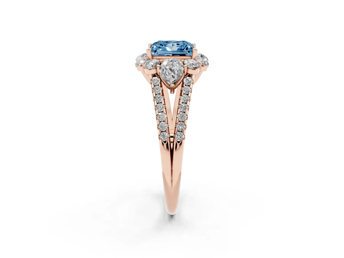 Fancy Blue Princess Cut Halo Split Shank Diamond Engagement Ring with Prong Setting Rose gold