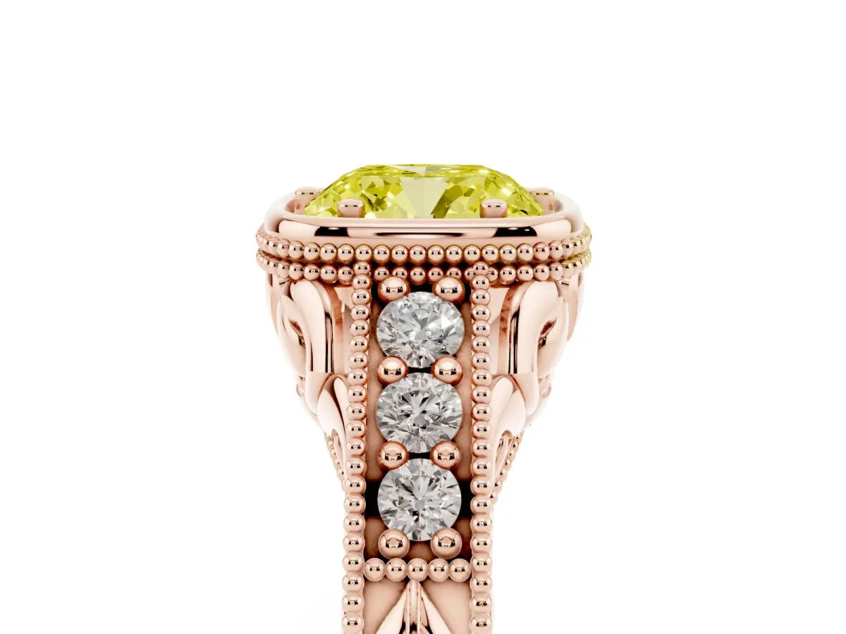 Fancy Yellow Bezel Set Cushion Cut Diamond Milgrain Pave Engagement Ring Rose gold