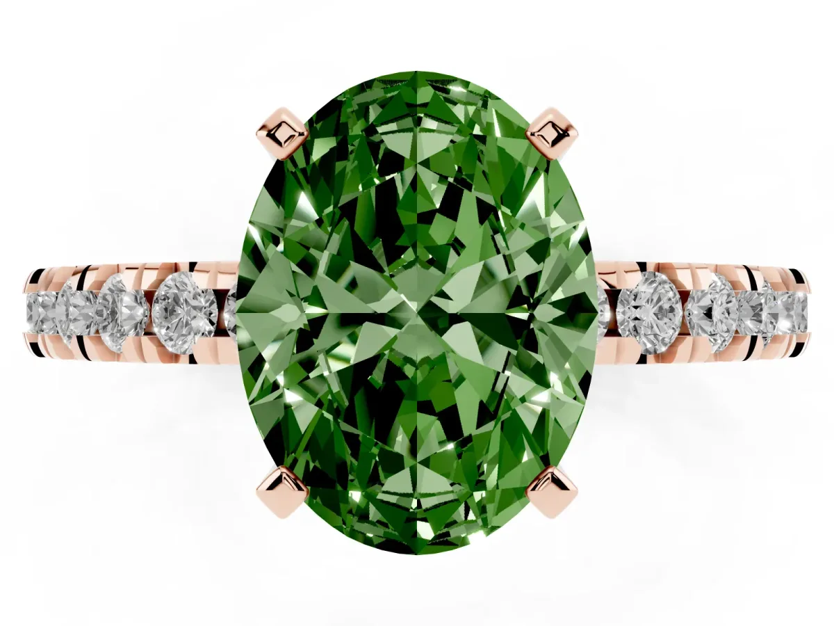 Fancy Green Oval Cut Diamond Pavé Band Solitaire with Four-Prong Setting Rose gold