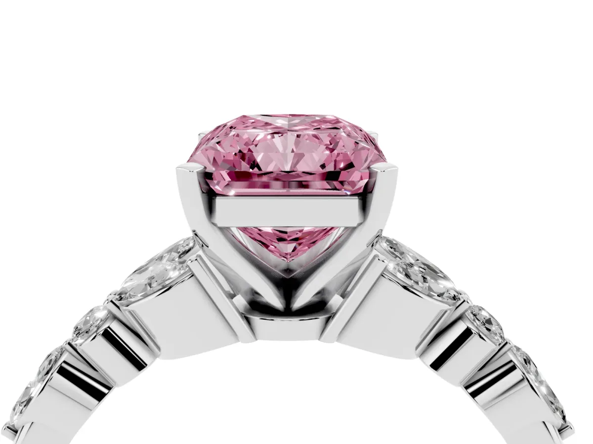 Fancy Pink Radiant Cut Diamond Solitaire Ring with Side Stones and Four-Prong Setting Silver