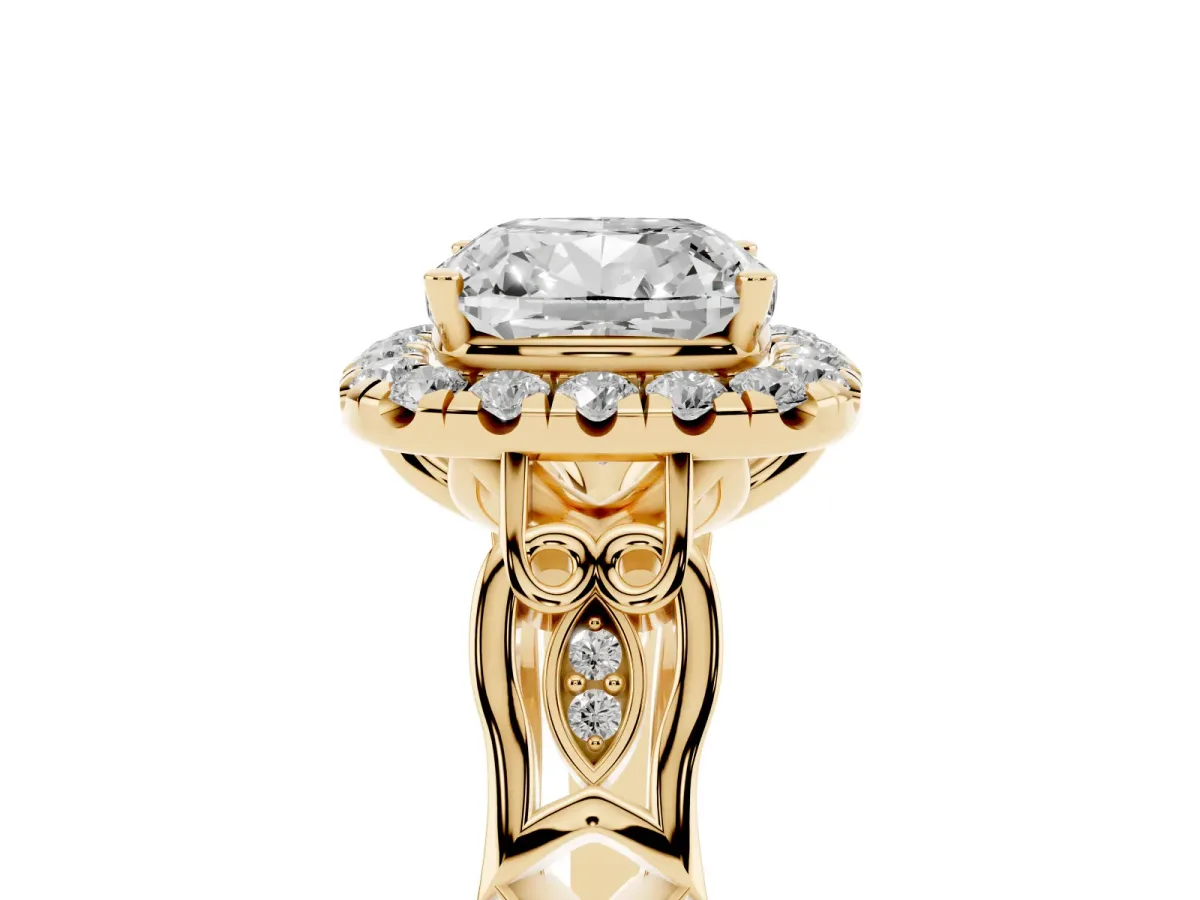 Cushion Cut Halo Diamond Engagement Ring with Filigree Band and Four-Prong Setting Yellow gold