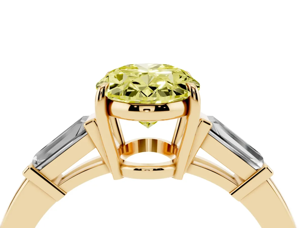 Fancy Yellow Oval Cut Diamond Three-Stone Ring with Tapered Baguette Side Stones and Prong Setting Yellow gold