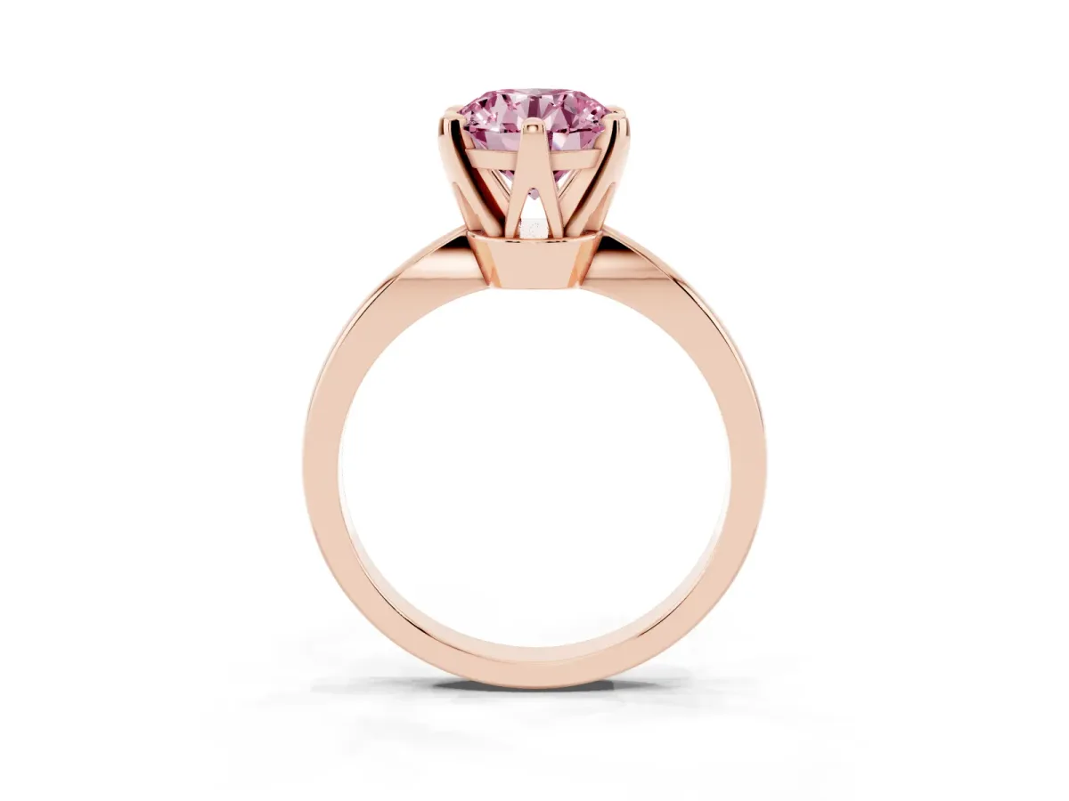 Fancy Pink Round Cut Solitaire Engagement Ring with Six-Prong Setting and Tapered Band Rose gold