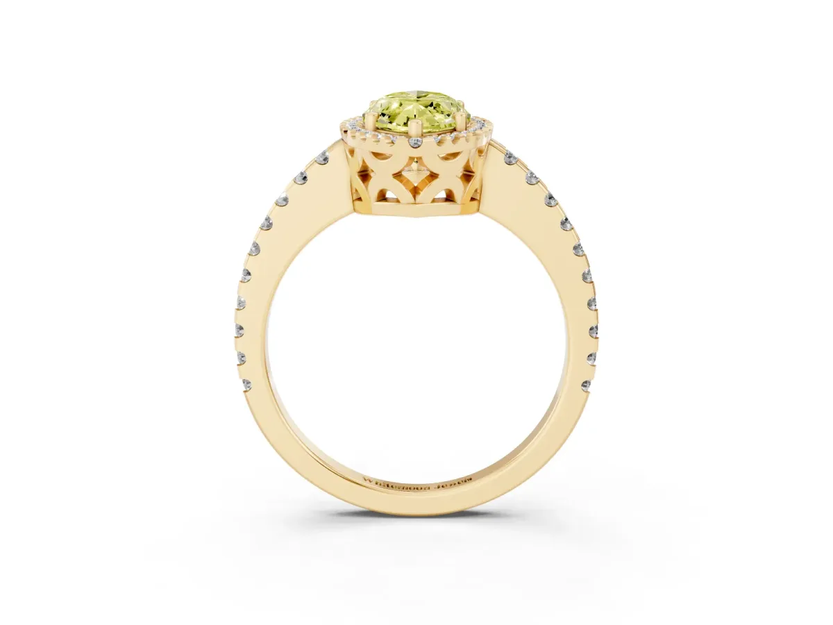 Fancy Yellow Marquise Cut Diamond Halo Engagement Ring with Pavé Band and Prong Setting Yellow gold