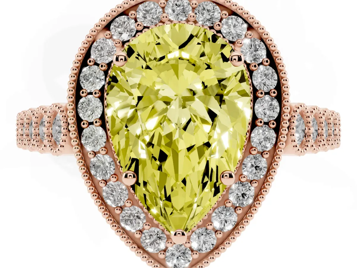 Fancy Yellow Pear Cut Halo Twist Band Solitaire Ring with Six-Prong Setting Rose gold