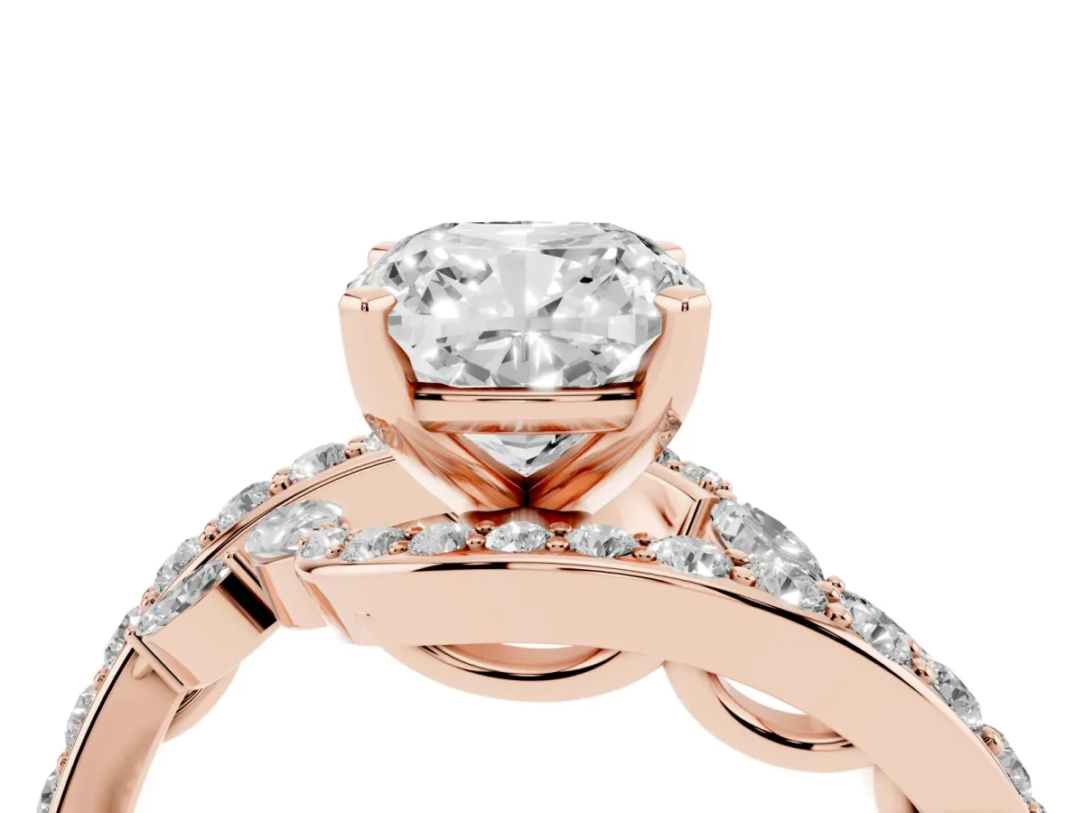 Cushion Cut Diamond Solitaire Ring with Filigree Band and Four-Prong Setting Rose gold