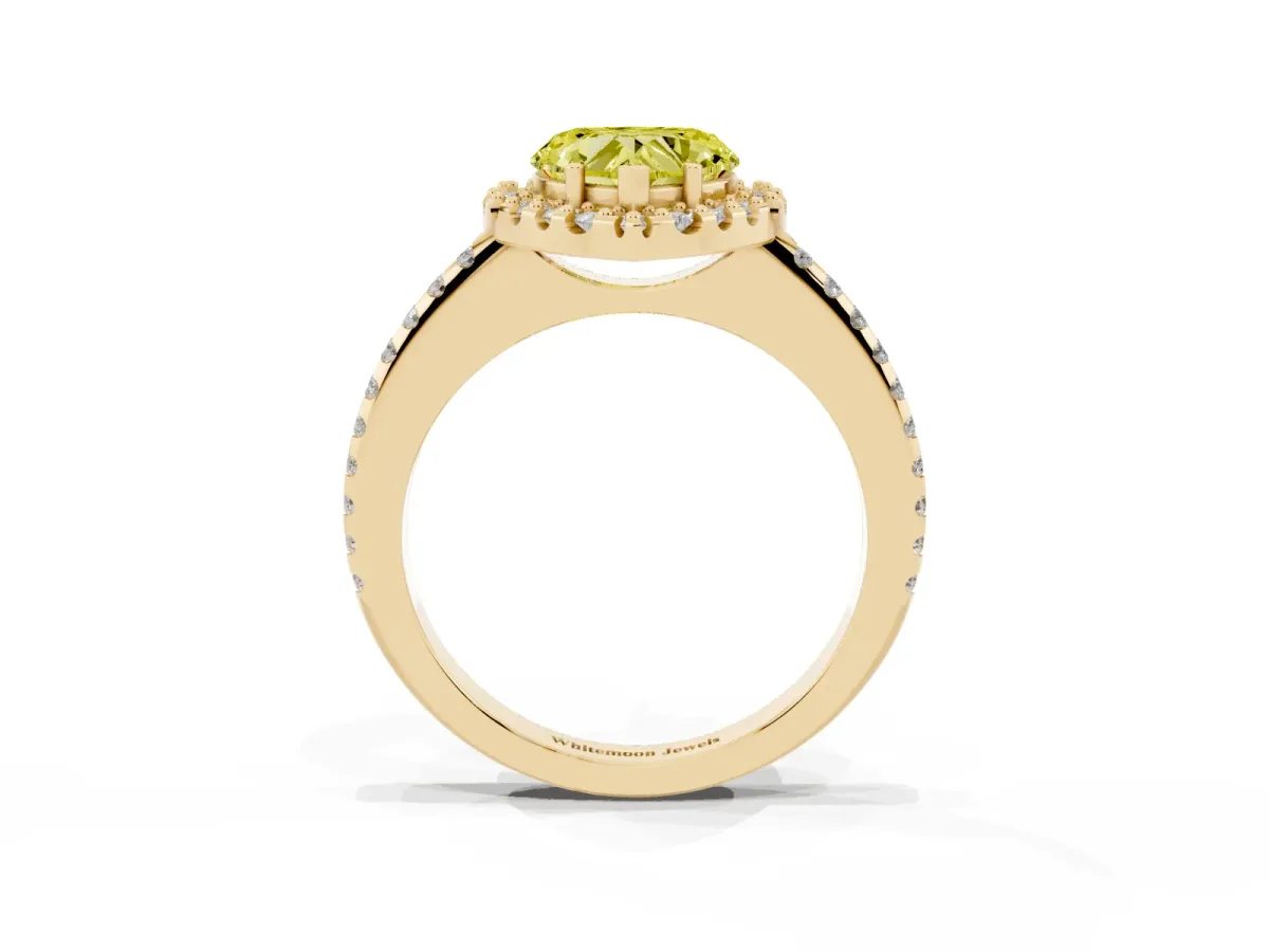 Fancy Yellow Heart Cut Diamond Pavé Halo Ring with Four-Prong Setting Yellow gold
