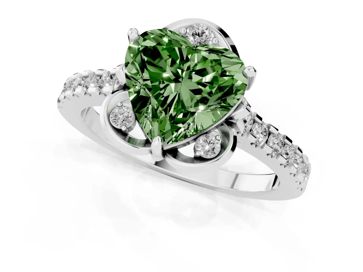 Fancy Green Heart Cut Diamond Ring with Pavé Band and Floral Prong Setting Platinum
