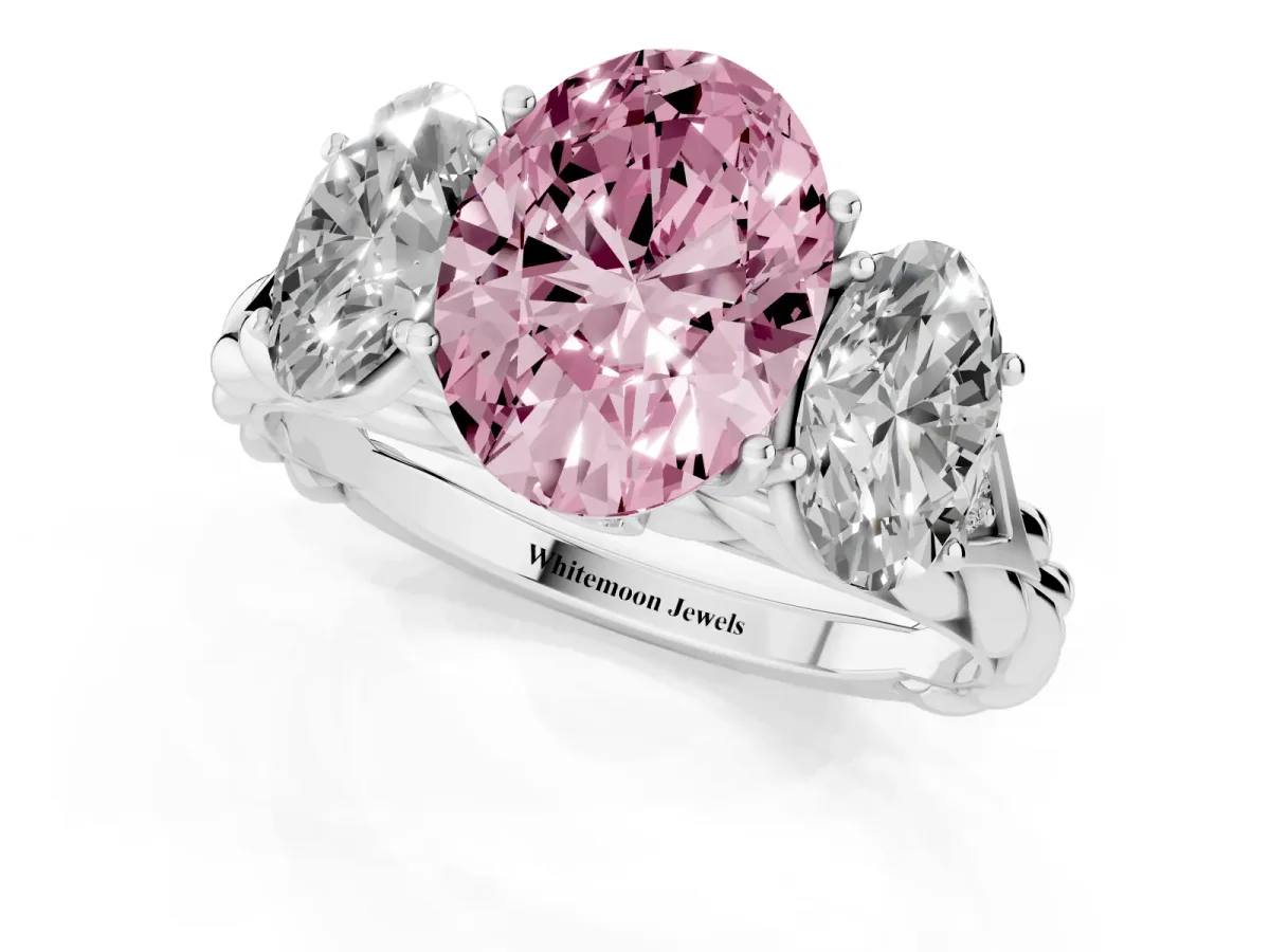 Fancy Pink Three-Stone Oval Cut Diamond Braided Band Ring with Four-Prong Setting White gold