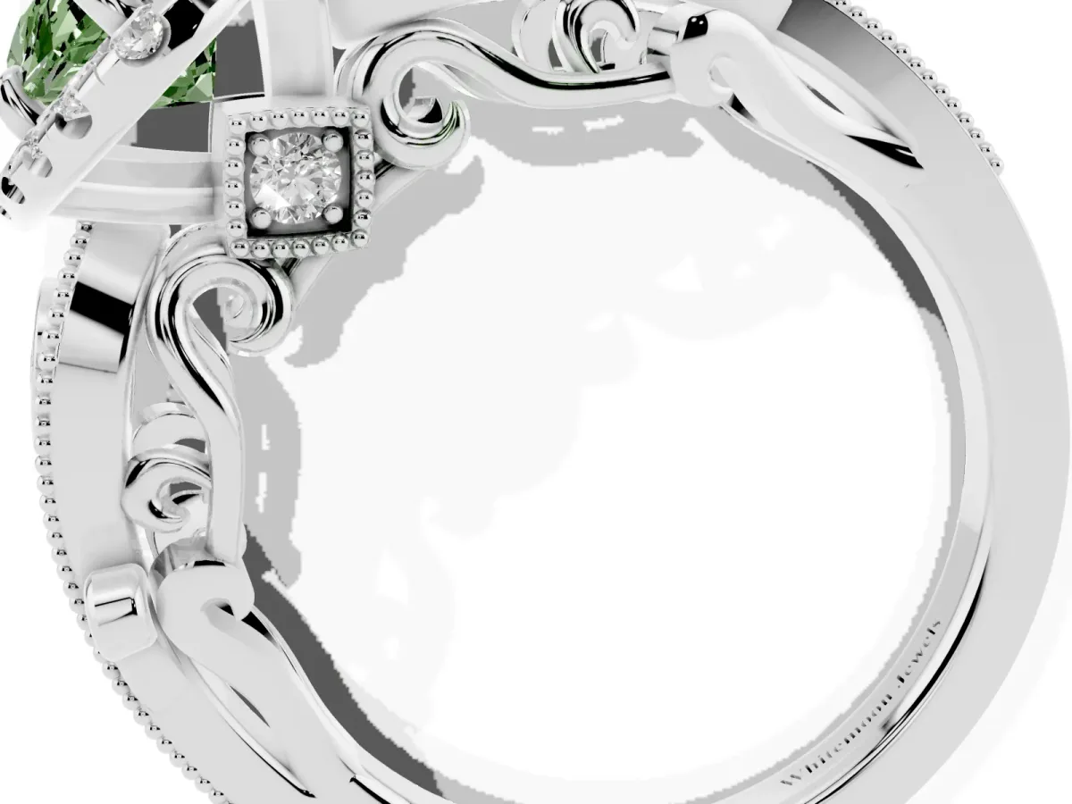 Fancy Green Marquise Cut Diamond Halo Ring with Milgrain Pavé Band and Four-Prong Setting Platinum