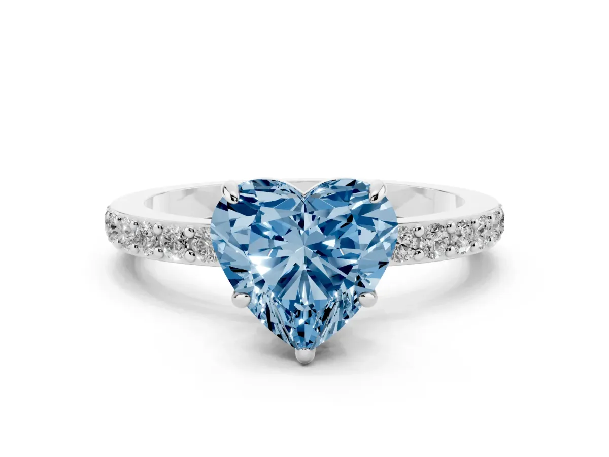Fancy Blue Heart Cut Diamond Pavé Engagement Ring with Round Accents and Prong Setting Silver