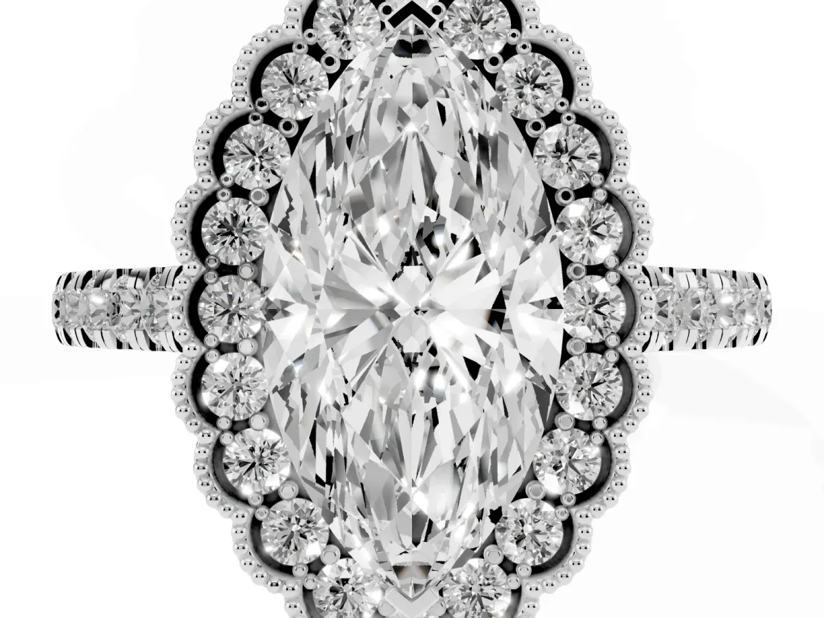 Marquise Cut Cut Diamond Milgrain Floral Halo Engagement Ring with Pavé Band Platinum