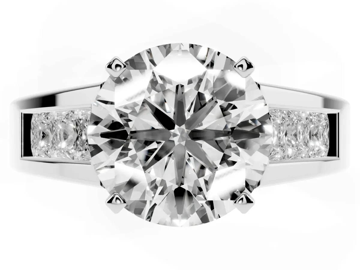 Round Cut Cut Channel Set Solitaire Ring with Four-Prong Setting Silver