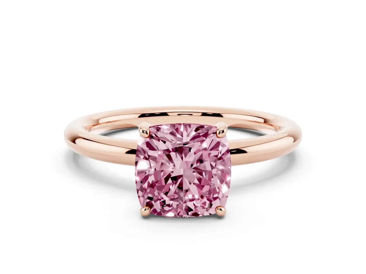 Fancy Pink Cushion Cut Solitaire Diamond Ring with Four-Prong Setting on a Plain Band Rose gold