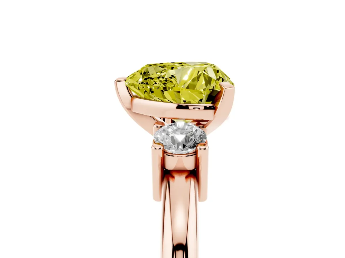 Fancy Yellow Three-Stone Heart Cut Cut Diamond Solitaire with Prong Setting and Classic Band Rose gold