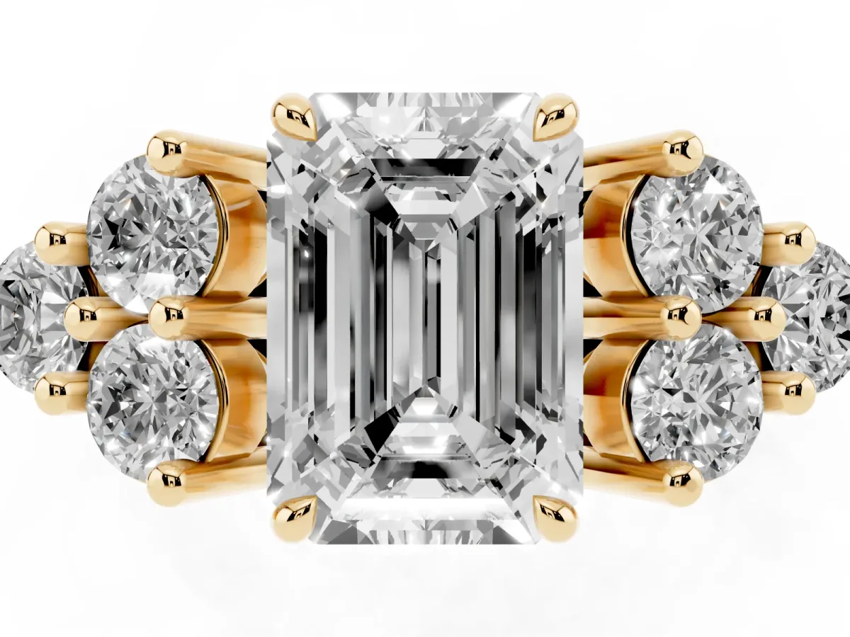 Emerald Cut Brilliant Diamond Cluster Accent Solitaire Ring with Prong Setting Yellow gold