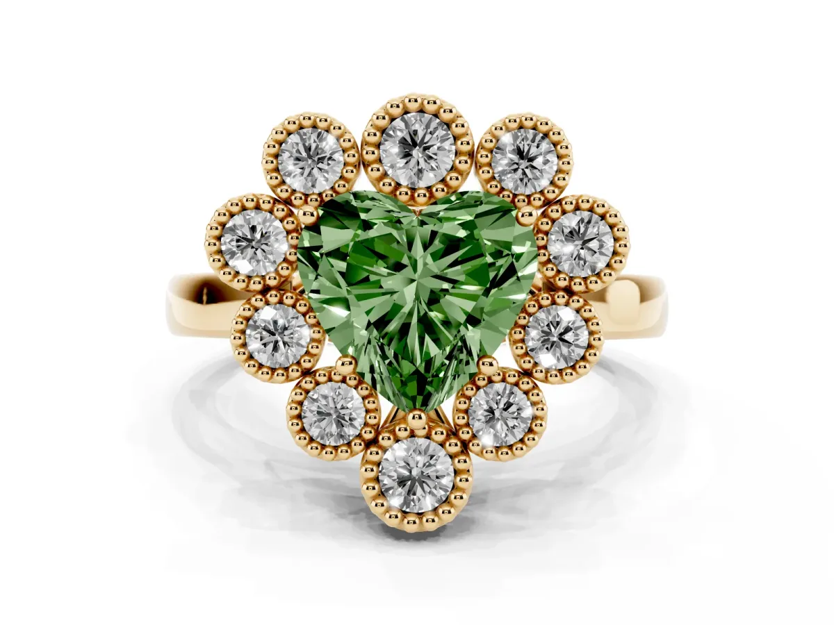 Fancy Green Heart Cut Halo Diamond Cluster Engagement Ring with Milgrain Bezel Setting and Solitaire Band Yellow gold