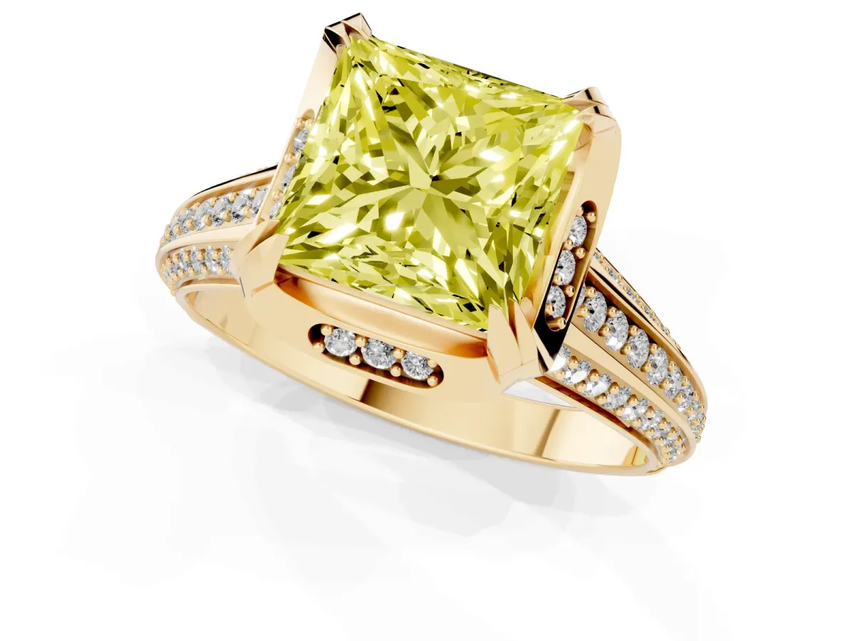 Fancy Yellow Princess Cut Solitaire Pave Split Shank Ring with Four-Prong Setting Yellow gold