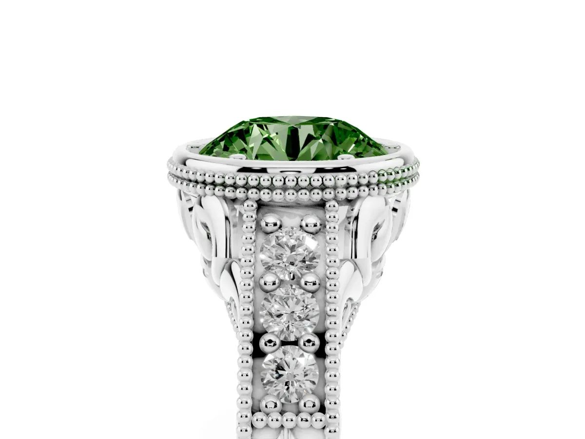 Fancy Green Bezel Set Round Cut Diamond Milgrain Pave Engagement Ring Silver