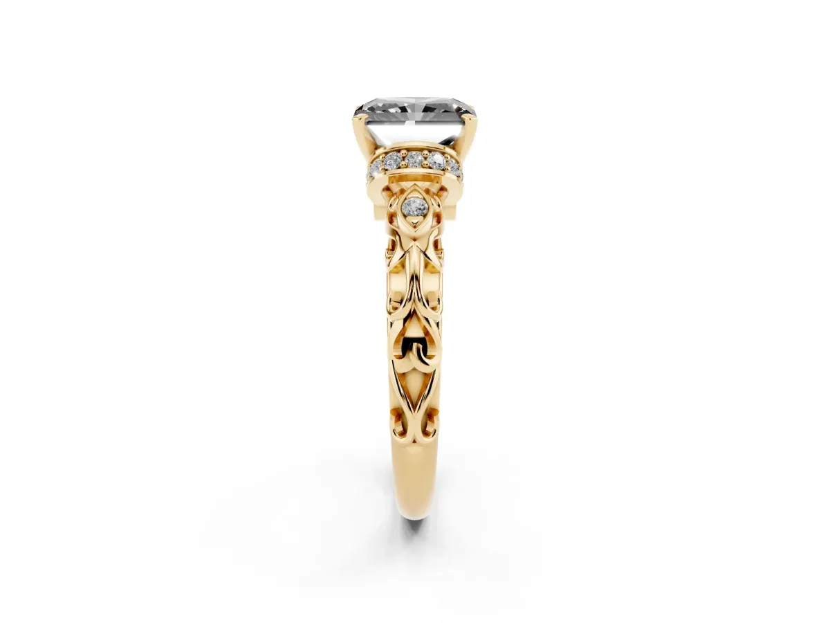 Fancy Black Radiant Cut Diamond Solitaire Ring with Filigree Band and Four-Prong Setting Yellow gold
