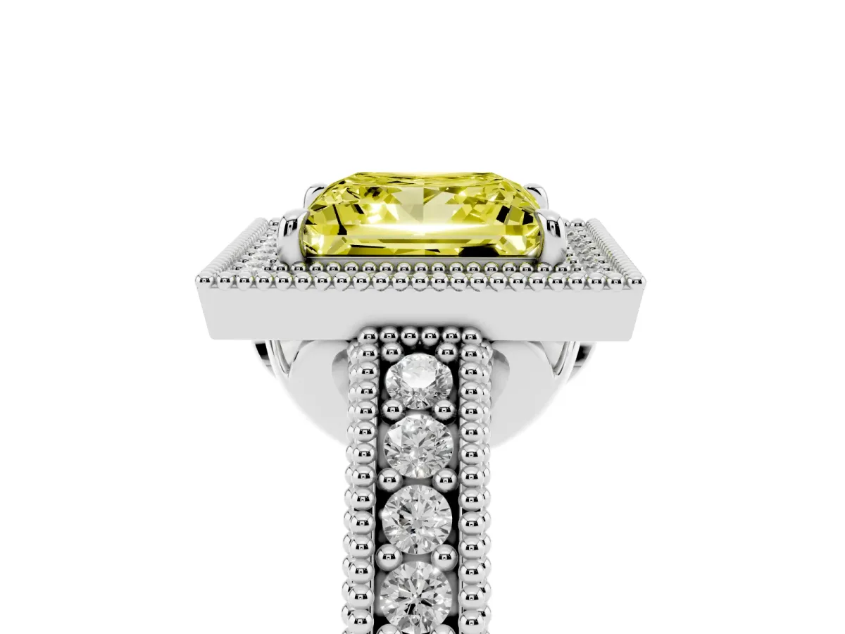 Fancy Yellow Princess Cut Cut Halo Diamond Ring with Pavé Band and Four-Prong Setting White gold
