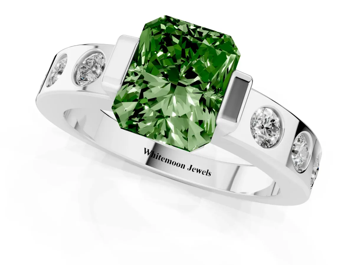Fancy Green Radiant Cut Brilliant Channel-Set Diamond Ring with Bezel Prong Setting Silver