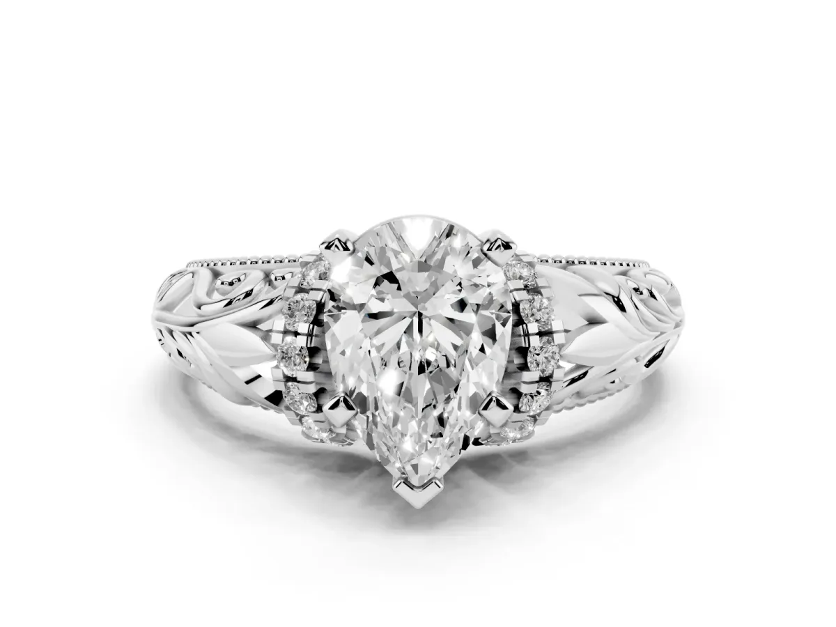 Pear Cut Solitaire Filigree Engagement Ring with Halo and Prong Setting Silver