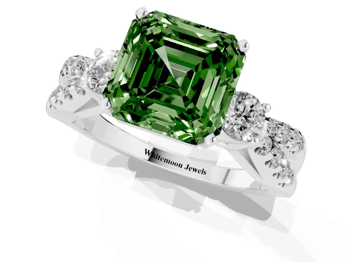 Fancy Green Asscher Cut Diamond Three-Stone Ring with Pavé Split Shank and Four-Prong Setting Platinum