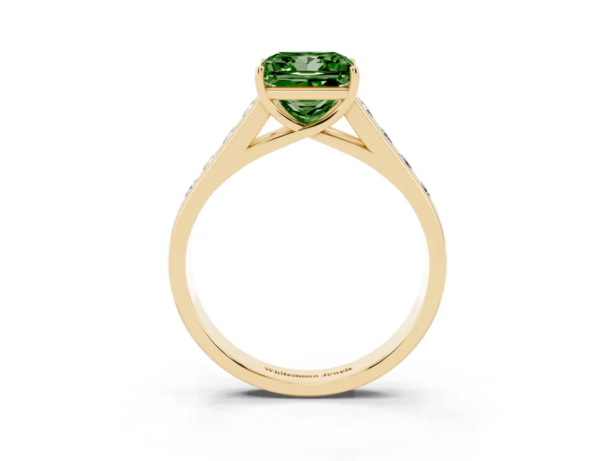 Fancy Green Princess Cut Brilliant Channel-Set Solitaire Ring with Four-Prong Setting Yellow gold