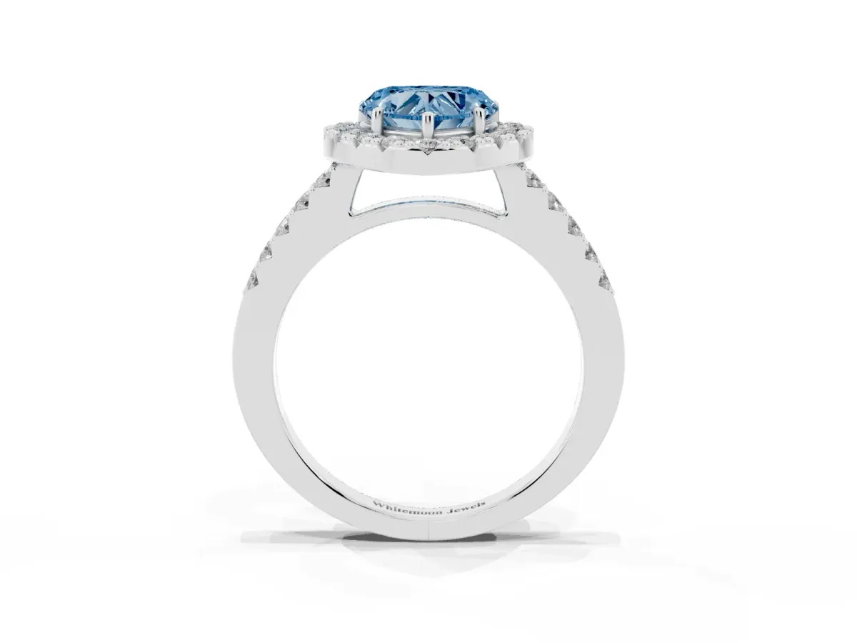 Fancy Blue Heart Cut Halo Diamond Pavé Solitaire Ring Platinum
